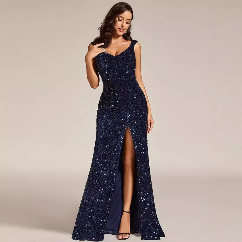 Elegant Sequined V-neck Strapless Slit Evening Dress for Banquets