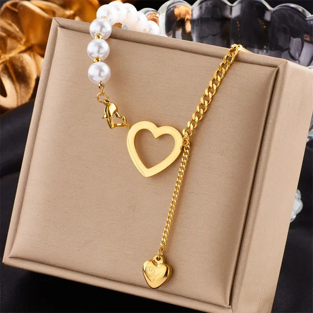 Stainless Steel Gold Color Heart Pearl Pendant Necklace For Women Punk Street Rustproof Neck Jewelry Party Gift