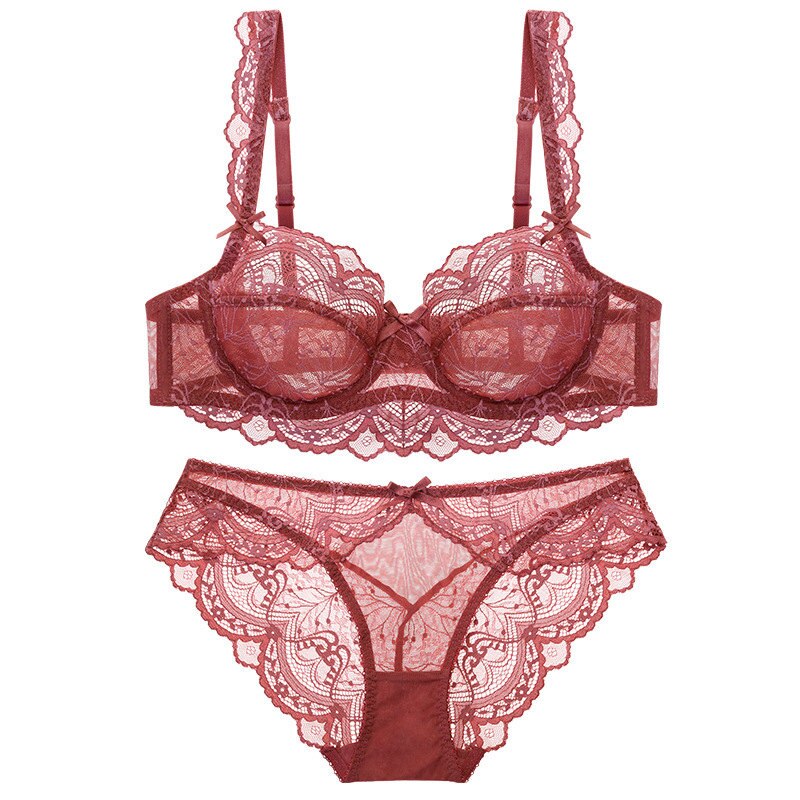 Sexy Lace Ultra Thin Transparent Bra and Panties Set Large Size Underwear Set Lingerie Women Brassieres A B C D E Cup 95C 95D