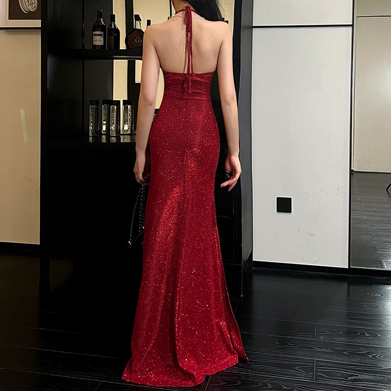 V-neck hanging neck slim flash dress for evening dress