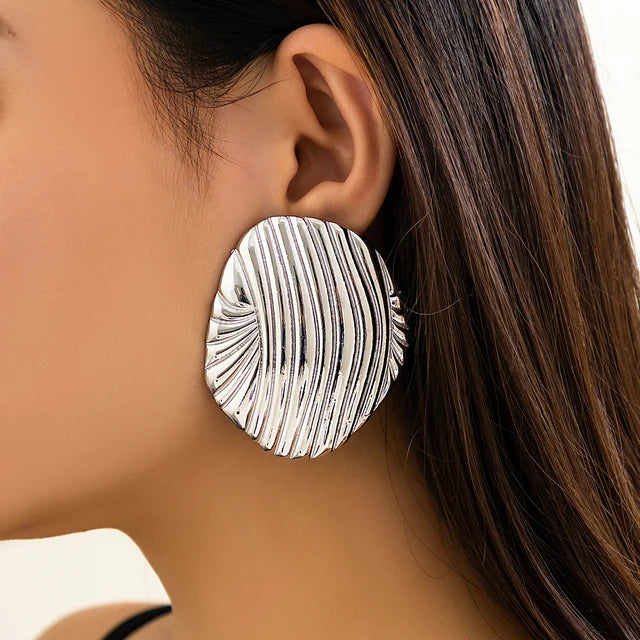 Metal Big Oval Stripe Stud Earrings for Women Punk Gold Color Geometric Earrings Party Jewelry Gift