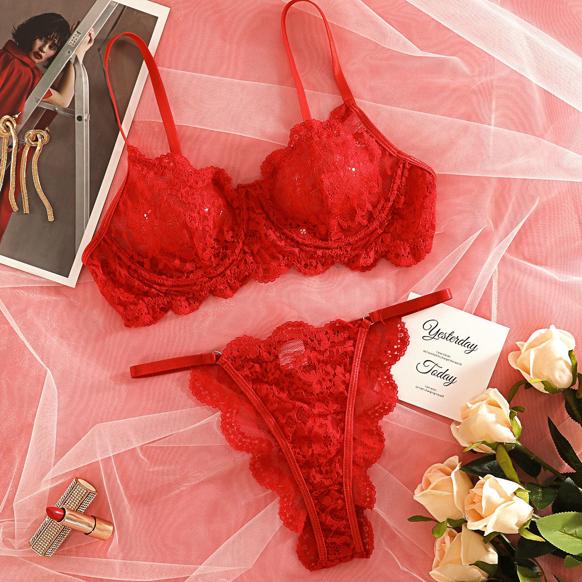 Sexy Lace Trim Sheer Lingerie Set for Women