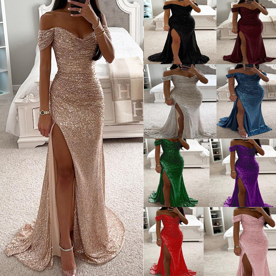 Party Sequin One-Shoulder Slit Dress INS Casual Fashion Dress for Women