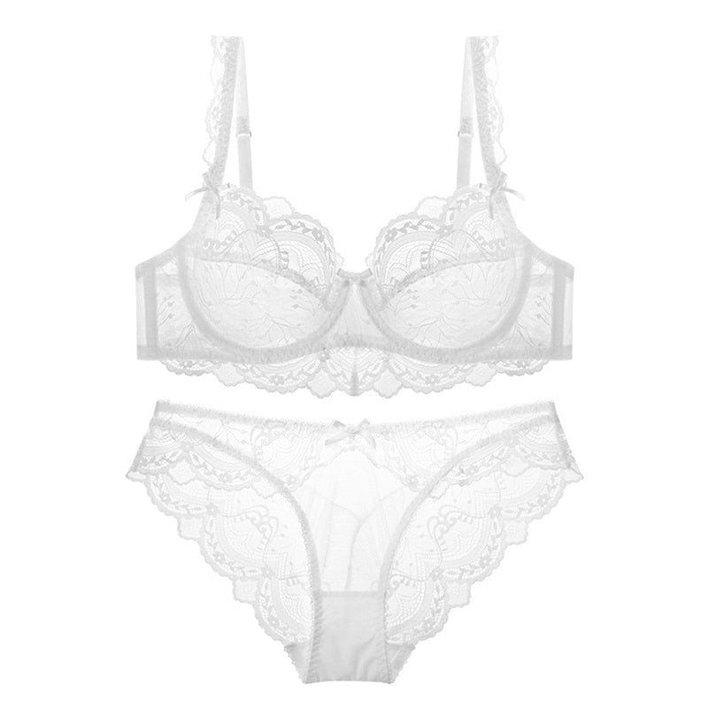Sexy Lace Ultra Thin Transparent Bra and Panties Set Large Size Underwear Set Lingerie Women Brassieres A B C D E Cup 95C 95D