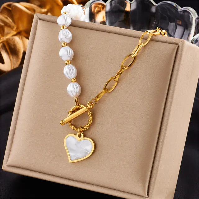 Titanium  Steel Gold Color Heart Pearl Pendant Necklace For Women Punk Street Rustproof Neck Jewelry Party Gift