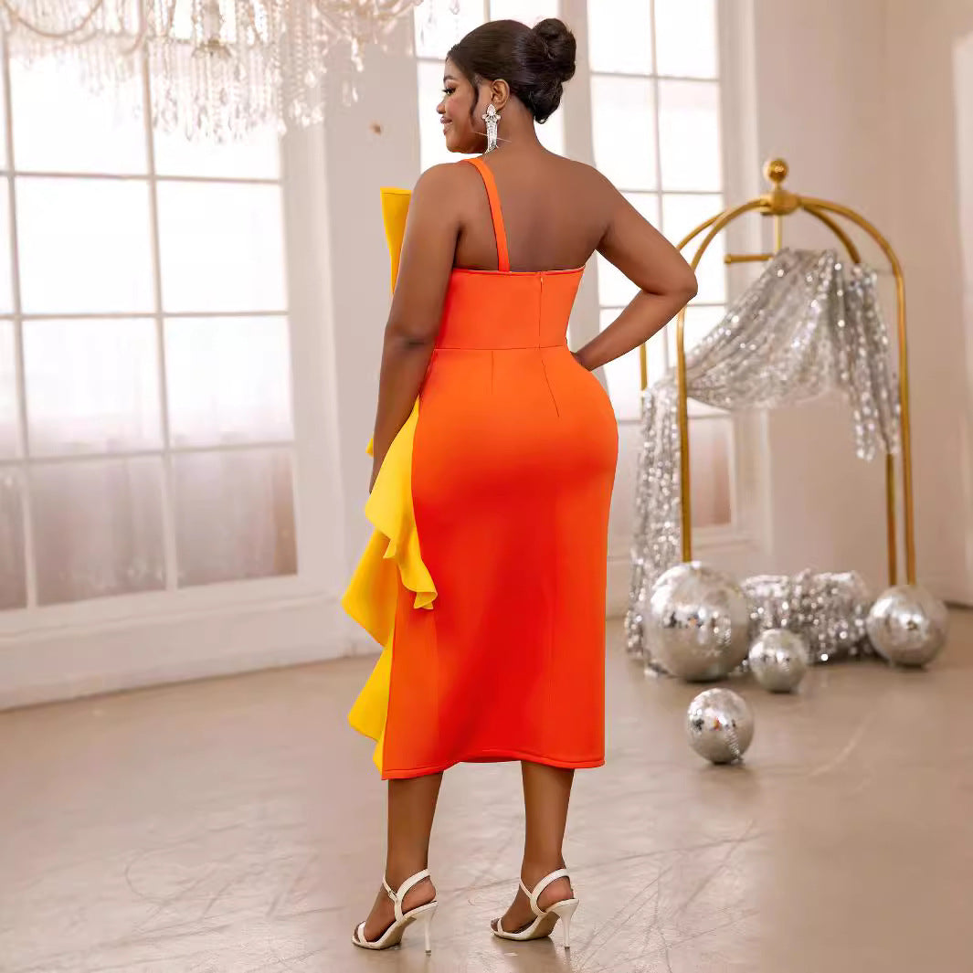 New color blocking ruffle edge dress, European and American sexy party and banquet strapless dress