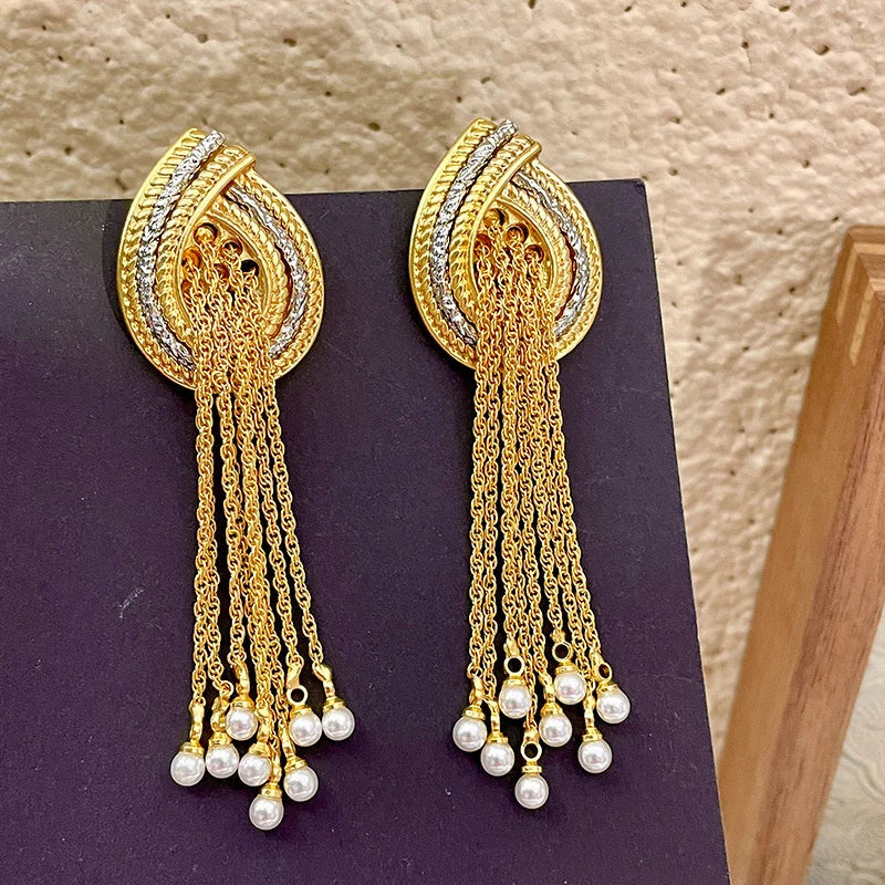 European American Style Long Tassels Pearl Pendant Earrings For Women Holiday Party Personality Jewelry