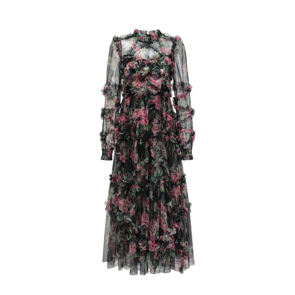 Sweet Temperament Slim Floral Dress Long Sleeve Banquet Evening Dress