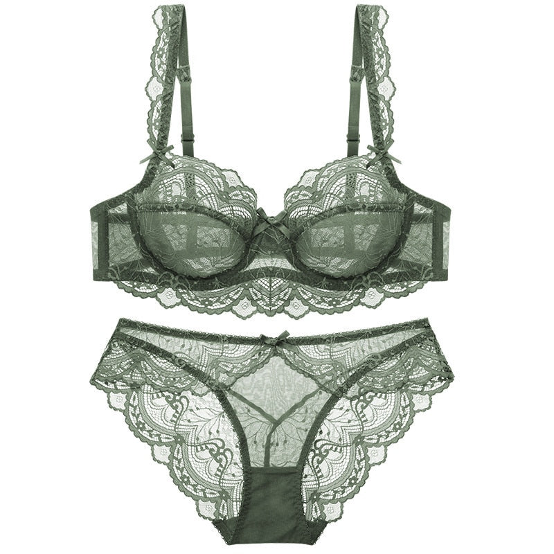 Sexy Lace Ultra Thin Transparent Bra and Panties Set Large Size Underwear Set Lingerie Women Brassieres A B C D E Cup 95C 95D