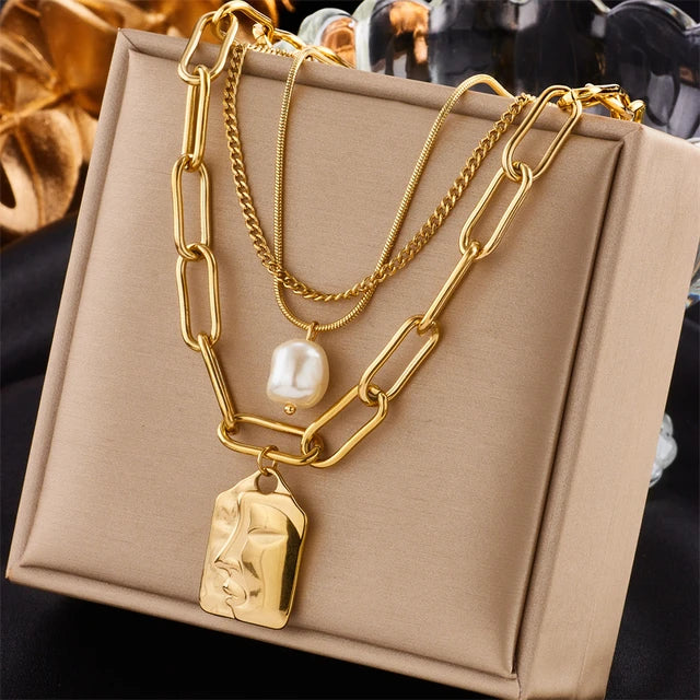 Stainless Steel Gold Color Heart Pearl Pendant Necklace For Women Punk Street Rustproof Neck Jewelry Party Gift