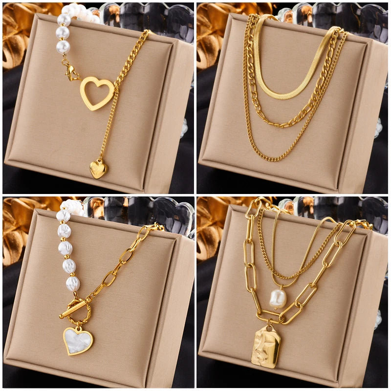 Stainless Steel Gold Color Heart Pearl Pendant Necklace For Women Punk Street Rustproof Neck Jewelry Party Gift