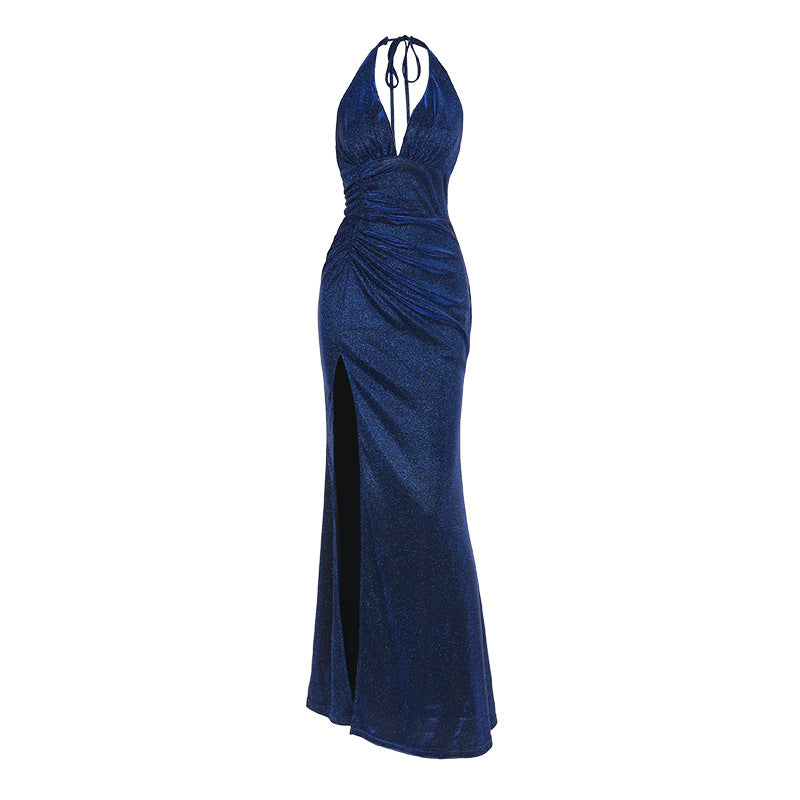 V-neck hanging neck slim flash dress for evening dress