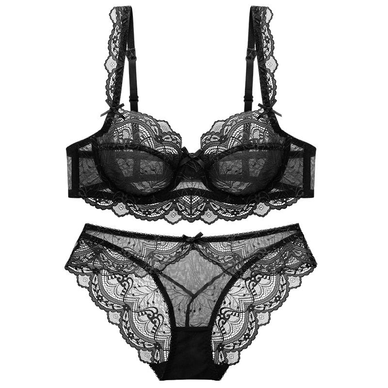 Sexy Lace Ultra Thin Transparent Bra and Panties Set Large Size Underwear Set Lingerie Women Brassieres A B C D E Cup 95C 95D