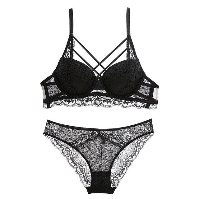 Classic Bandage Black Bra Set Push Up Brassiere Thick Cotton Underwear Set Sexy Bras Lace Embroidery Gather Women Lingerie Sets