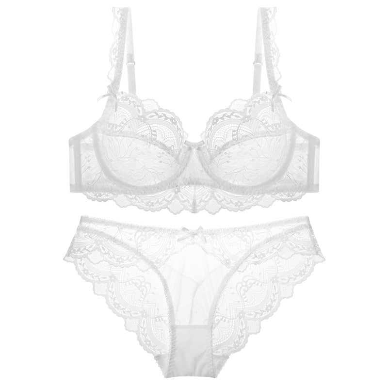 Sexy Lace Ultra Thin Transparent Bra and Panties Set Large Size Underwear Set Lingerie Women Brassieres A B C D E Cup 95C 95D