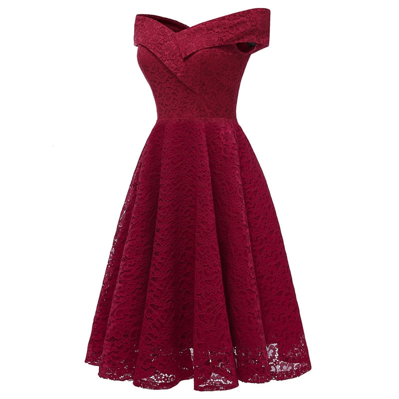 New Vintage Lace Evening Party Dress Women Slash Neck Sleeveless Midi Dress Ladies Elegant Pink Dresses