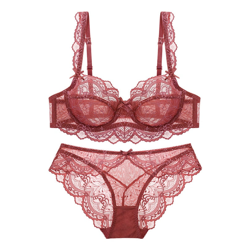 Sexy Lace Ultra Thin Transparent Bra and Panties Set Large Size Underwear Set Lingerie Women Brassieres A B C D E Cup 95C 95D