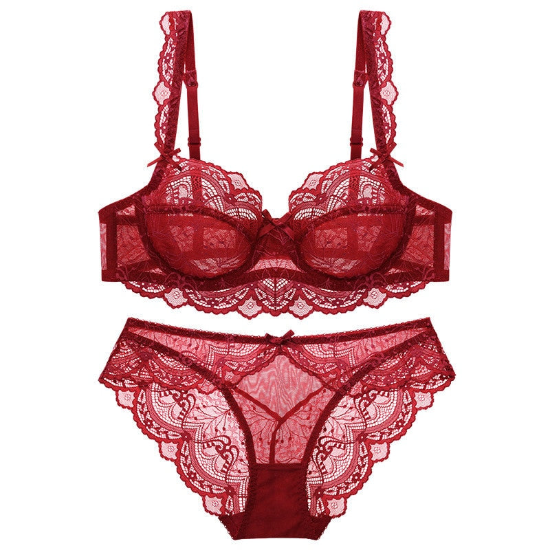 Sexy Lace Ultra Thin Transparent Bra and Panties Set Large Size Underwear Set Lingerie Women Brassieres A B C D E Cup 95C 95D
