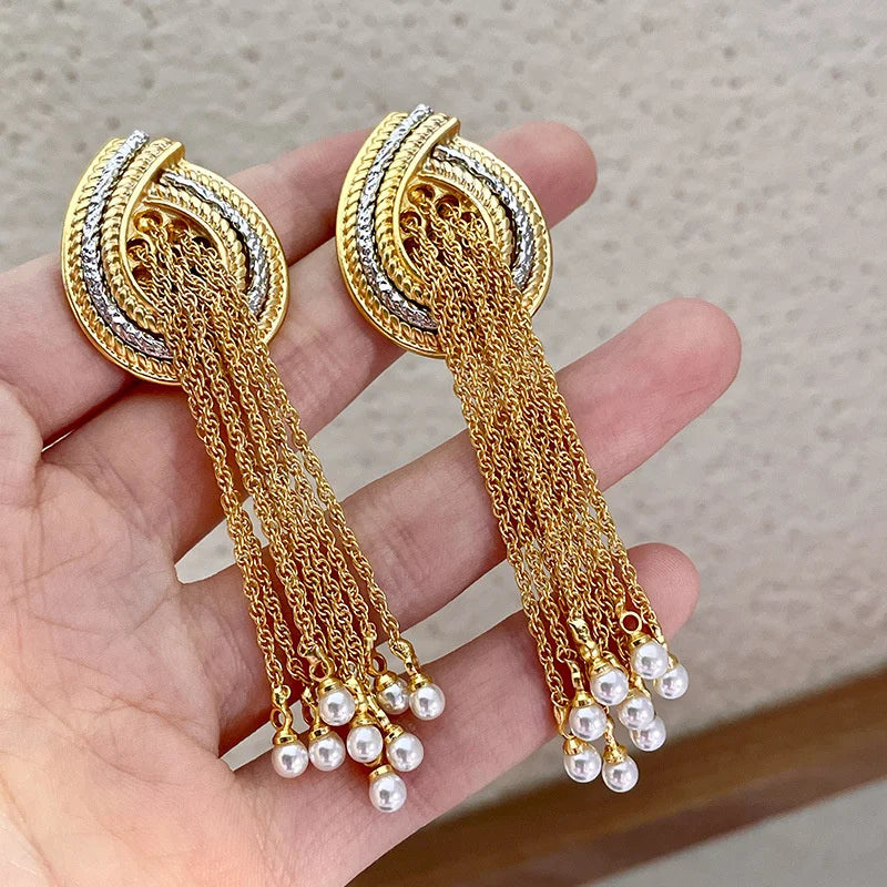 European American Style Long Tassels Pearl Pendant Earrings For Women Holiday Party Personality Jewelry
