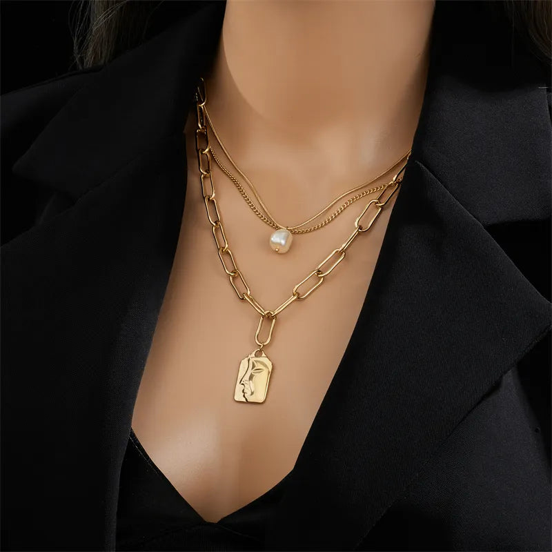 Stainless Steel Gold Color Heart Pearl Pendant Necklace For Women Punk Street Rustproof Neck Jewelry Party Gift