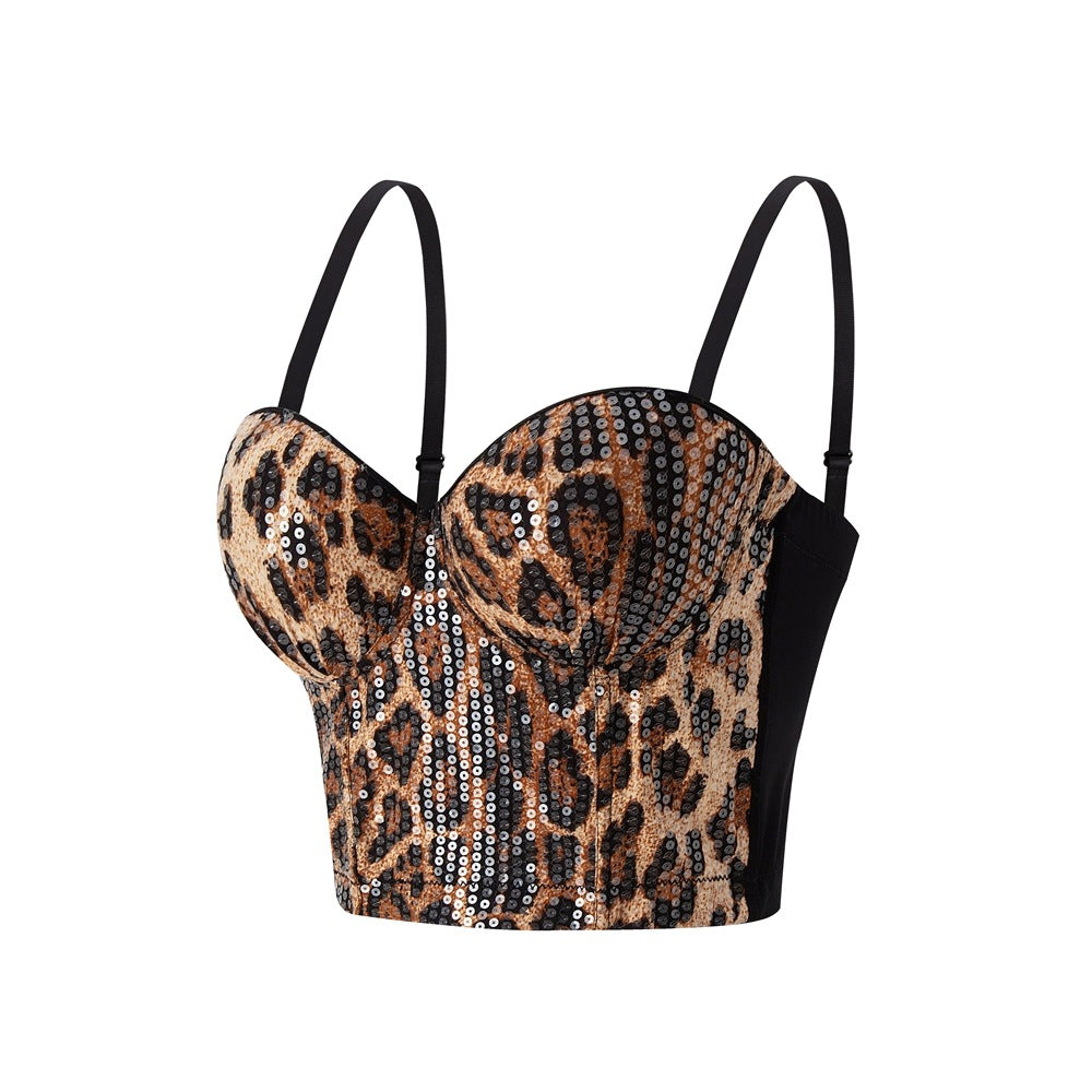 Sexy sequined leopard print outerwear fishbone strapless lingerie