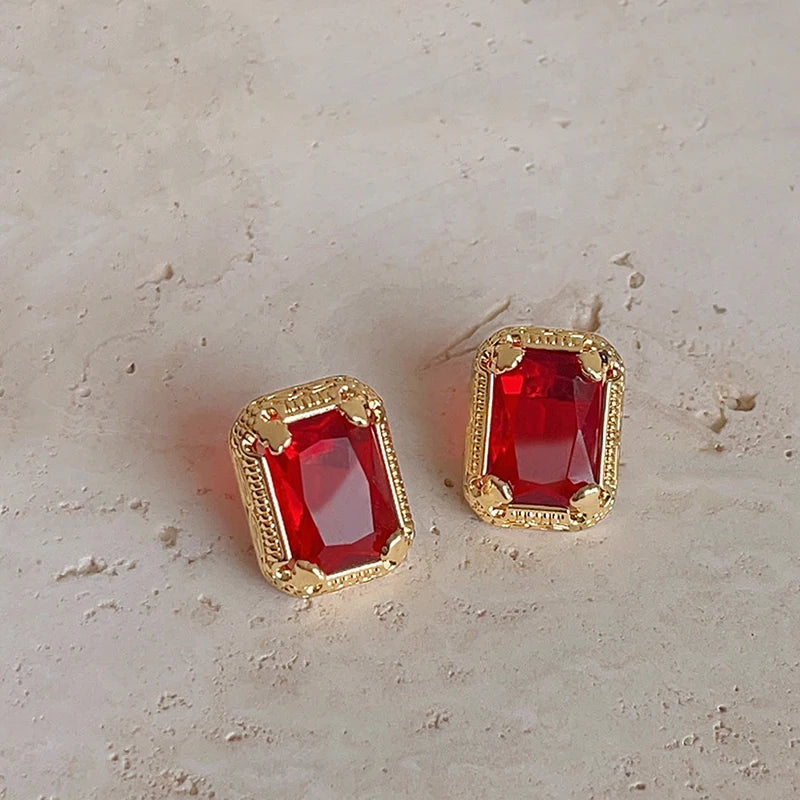 Textured Metal Red Glass Post Earrings For Women Elegant New Style Classic Timeless Party Accessories Fashion Jewelry Gift