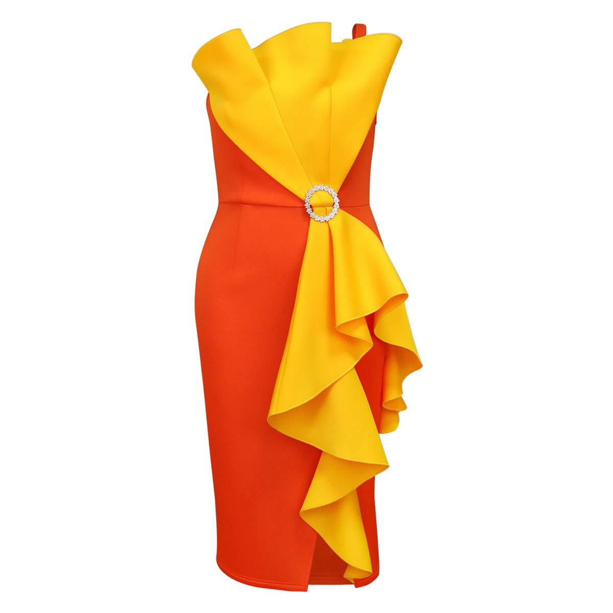 New color blocking ruffle edge dress, European and American sexy party and banquet strapless dress