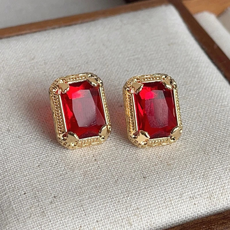 Textured Metal Red Glass Post Earrings For Women Elegant New Style Classic Timeless Party Accessories Fashion Jewelry Gift