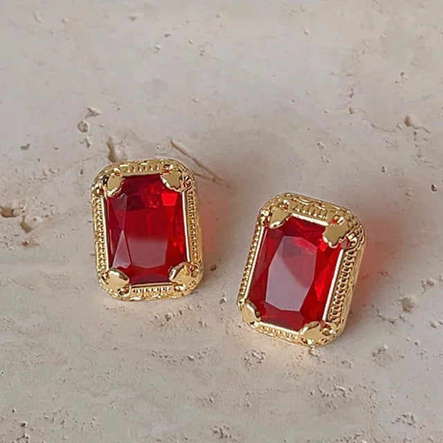Textured Metal Red Glass Post Earrings For Women Elegant New Style Classic Timeless Party Accessories Fashion Jewelry Gift