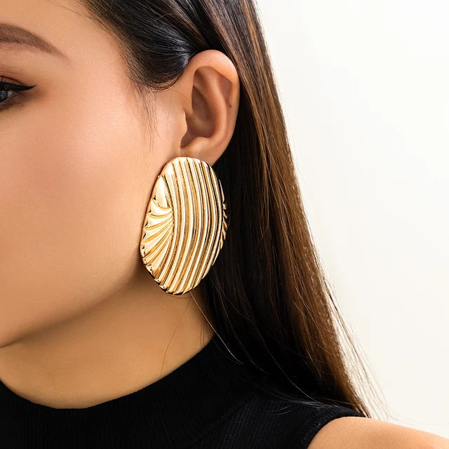 Metal Big Oval Stripe Stud Earrings for Women Punk Gold Color Geometric Earrings Party Jewelry Gift