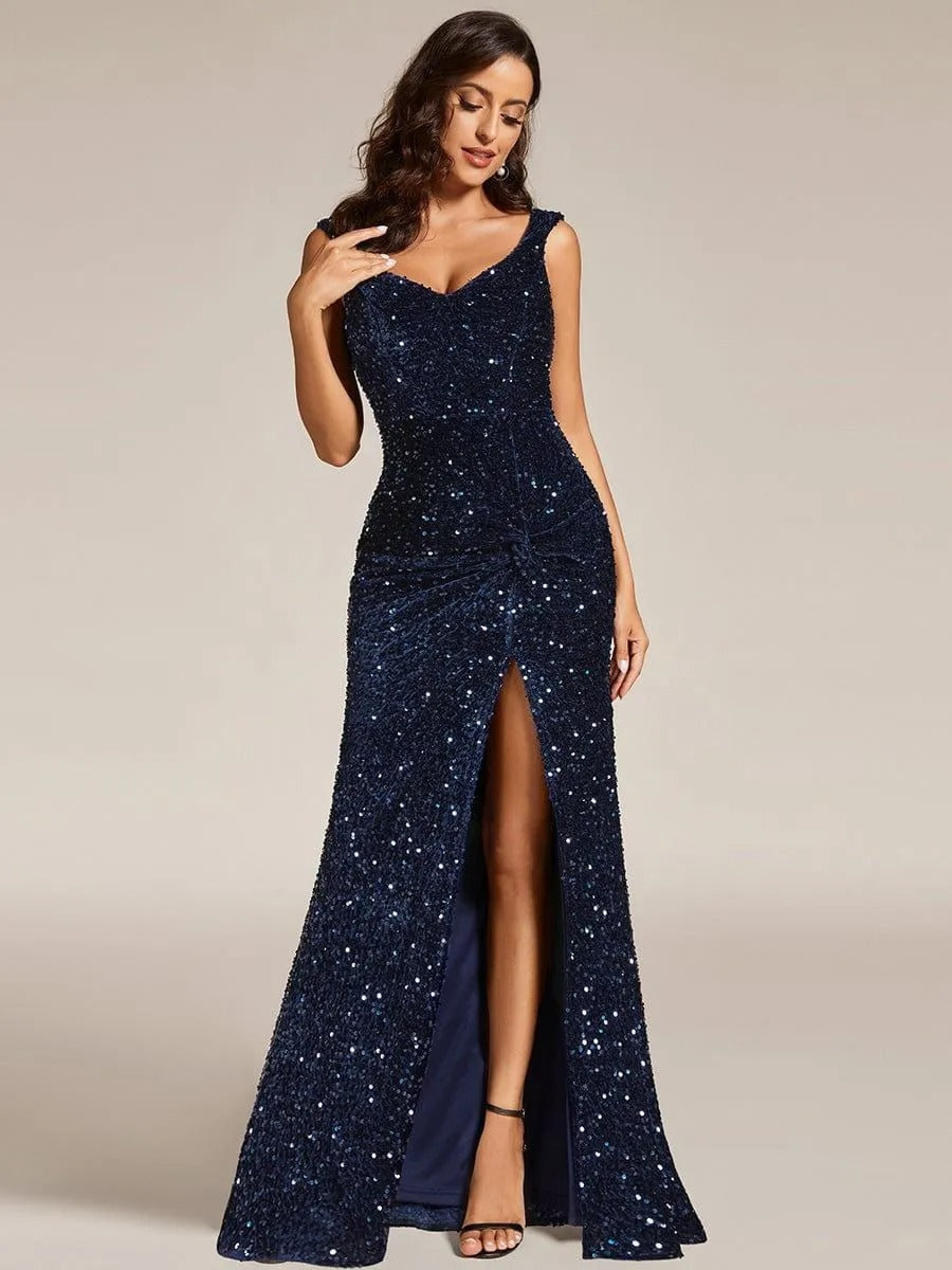 Elegant Sequined V-neck Strapless Slit Evening Dress for Banquets
