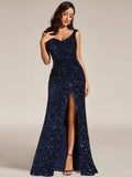 Elegant Sequined V-neck Strapless Slit Evening Dress for Banquets