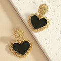 Black Epoxy Metal Heart Post Earrings For Women Enamel Vintage Jewelry Classic Textured Style Timeless Party Accessories