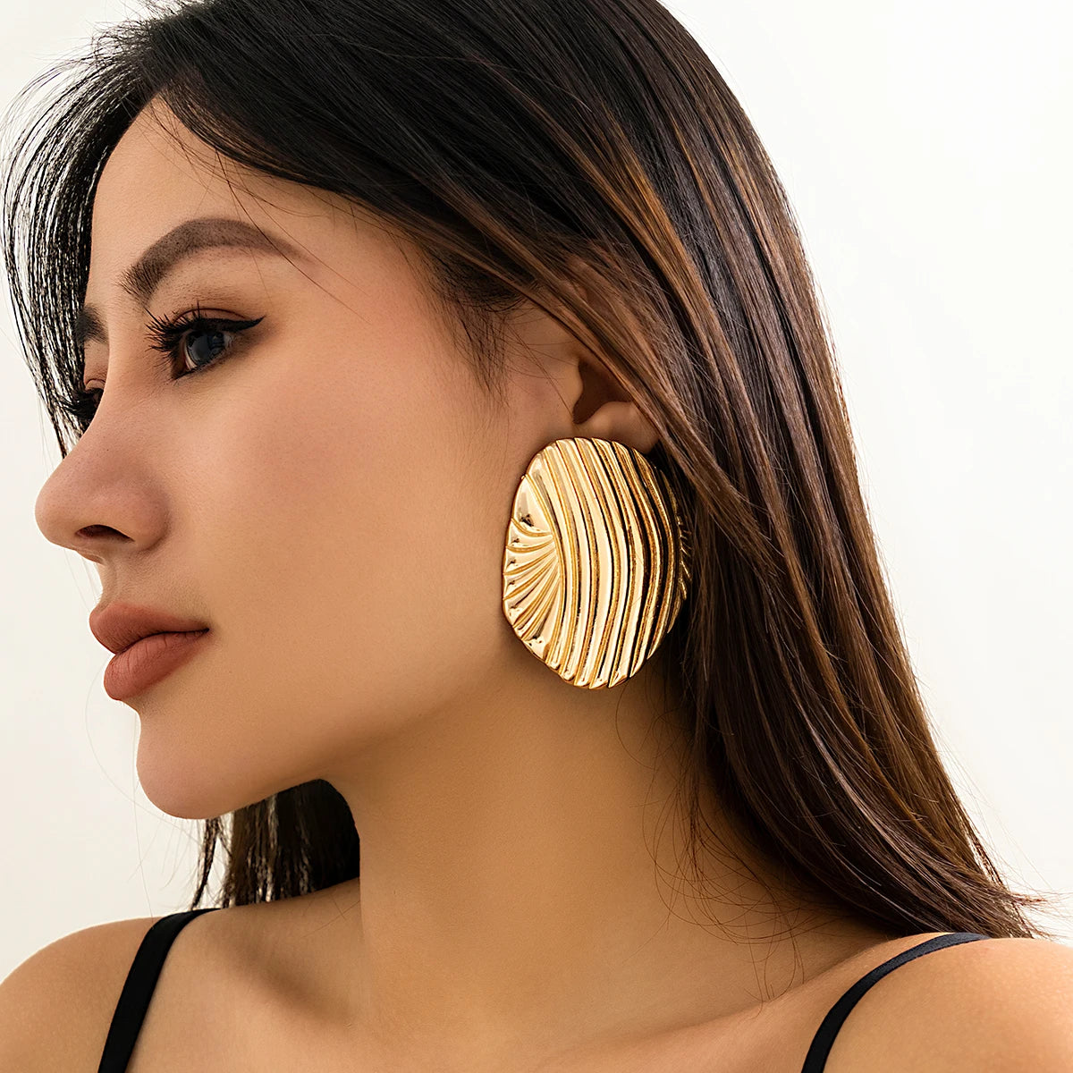 Metal Big Oval Stripe Stud Earrings for Women Punk Gold Color Geometric Earrings Party Jewelry Gift