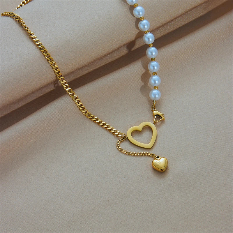 Stainless Steel Gold Color Heart Pearl Pendant Necklace For Women Punk Street Rustproof Neck Jewelry Party Gift