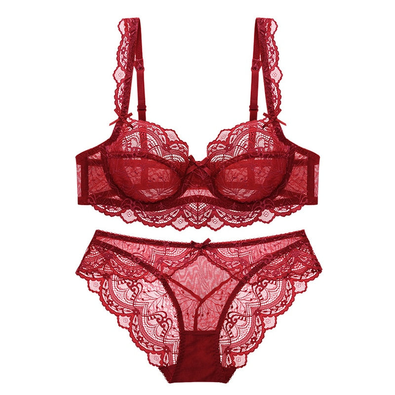 Sexy Lace Ultra Thin Transparent Bra and Panties Set Large Size Underwear Set Lingerie Women Brassieres A B C D E Cup 95C 95D