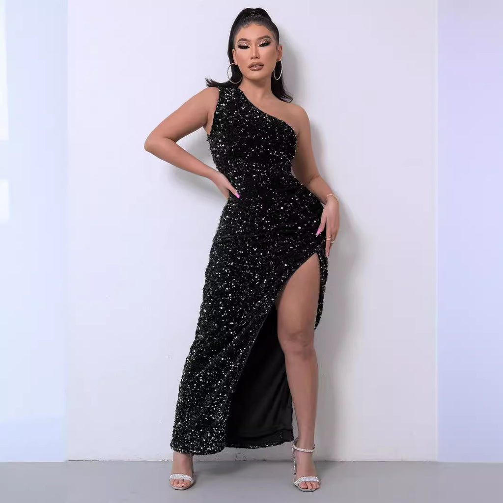 Fashion Sleeveless Sequined Velvet One-Shoulder Split Evening Gown Dress