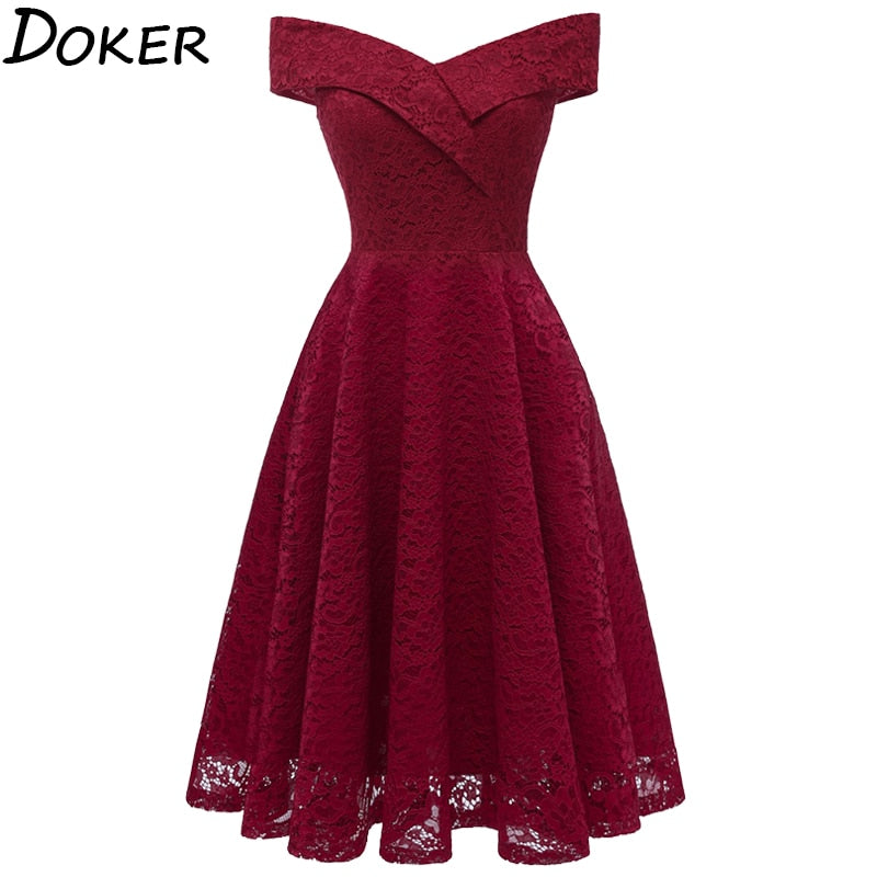 New Vintage Lace Evening Party Dress Women Slash Neck Sleeveless Midi Dress Ladies Elegant Pink Dresses