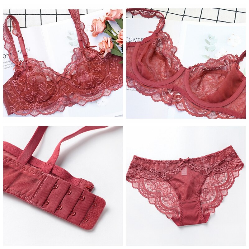 Sexy Lace Ultra Thin Transparent Bra and Panties Set Large Size Underwear Set Lingerie Women Brassieres A B C D E Cup 95C 95D