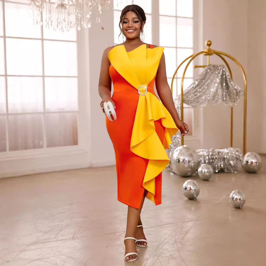 New color blocking ruffle edge dress, European and American sexy party and banquet strapless dress