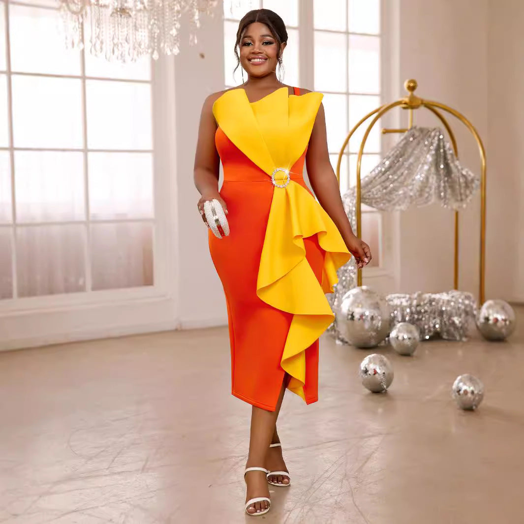New color blocking ruffle edge dress, European and American sexy party and banquet strapless dress