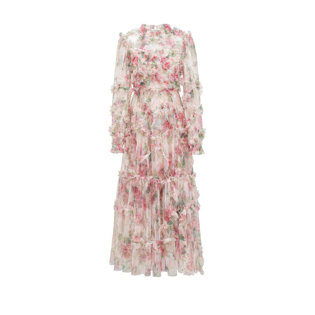 Sweet Temperament Slim Floral Dress Long Sleeve Banquet Evening Dress