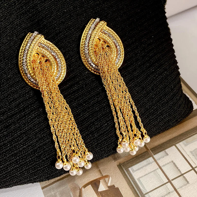 European American Style Long Tassels Pearl Pendant Earrings For Women Holiday Party Personality Jewelry