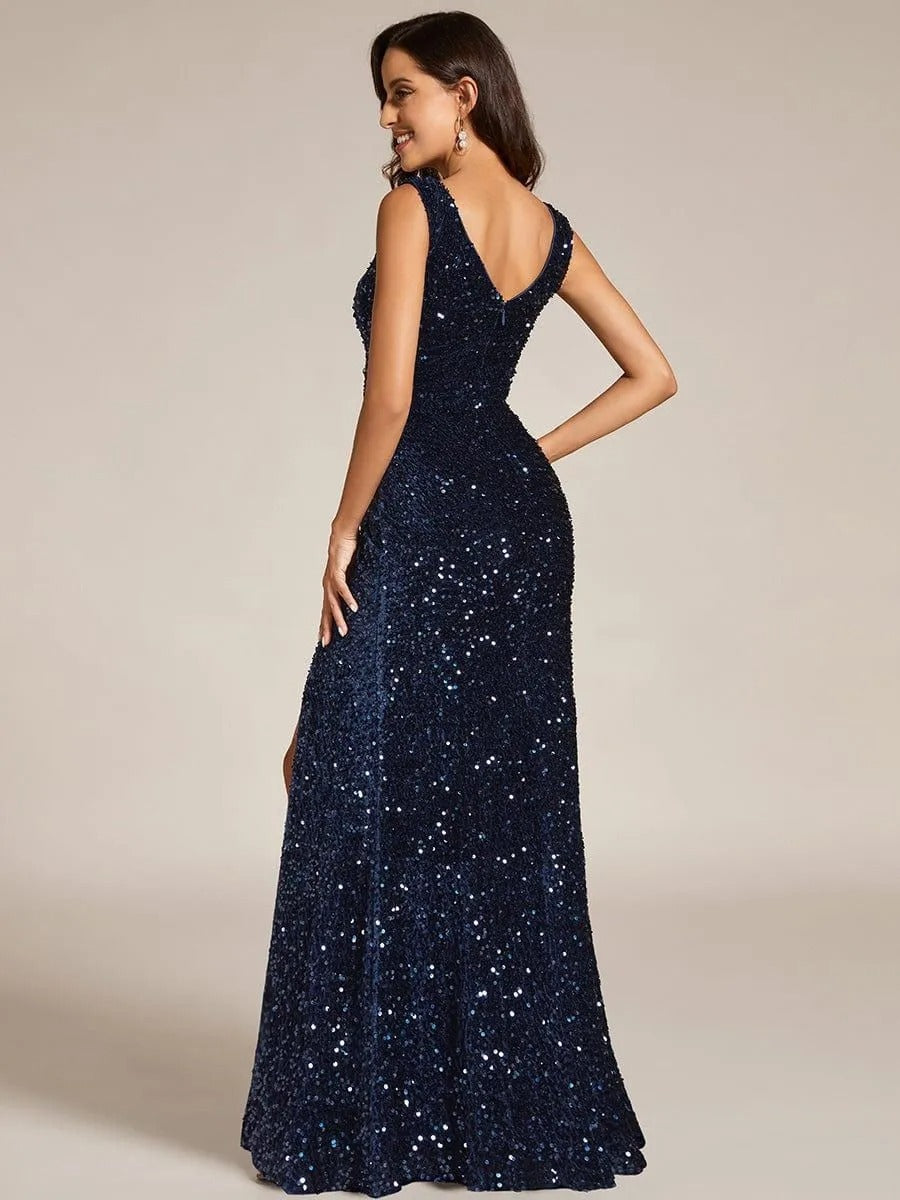 Elegant Sequined V-neck Strapless Slit Evening Dress for Banquets