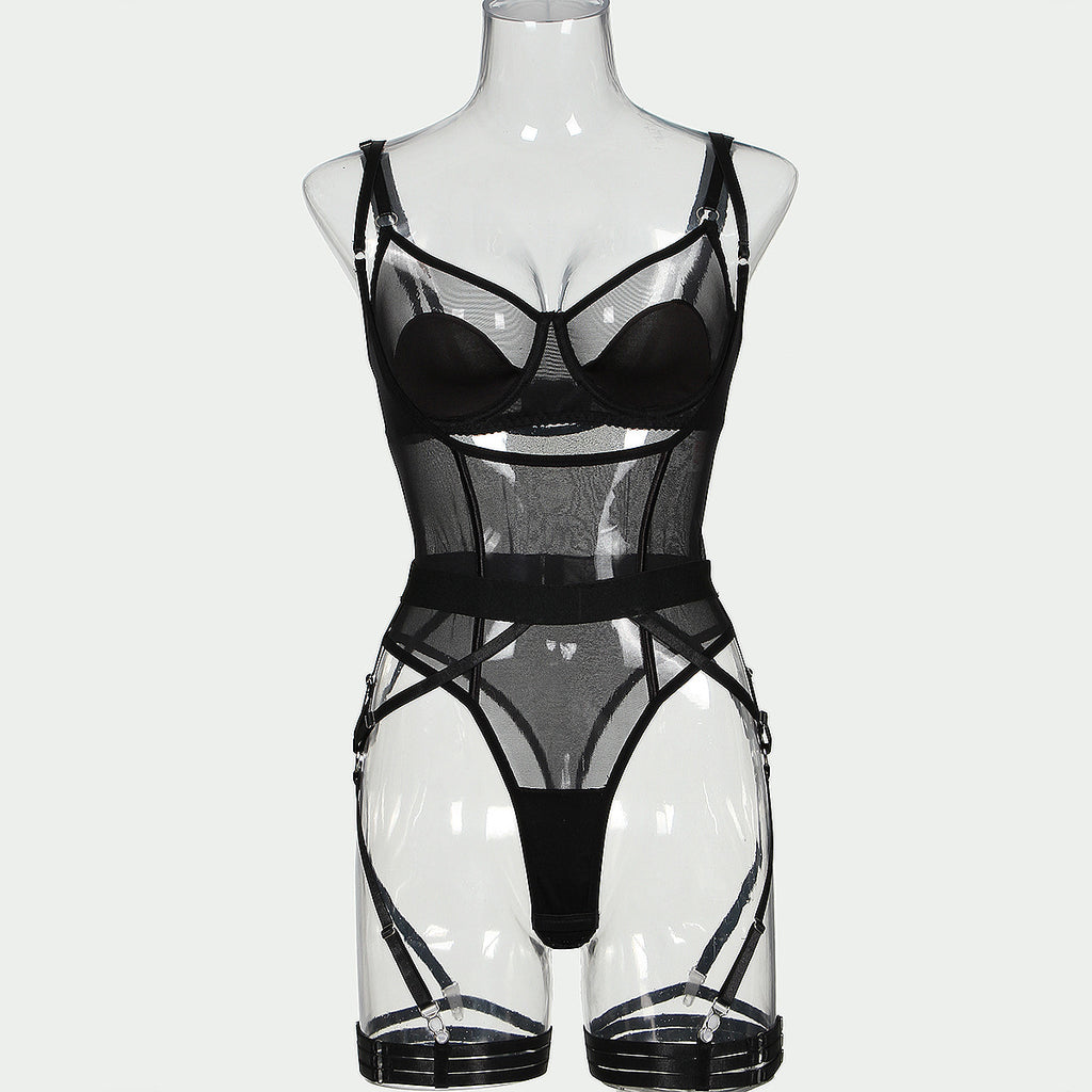 Perspective mesh sexy lingerie four piece set